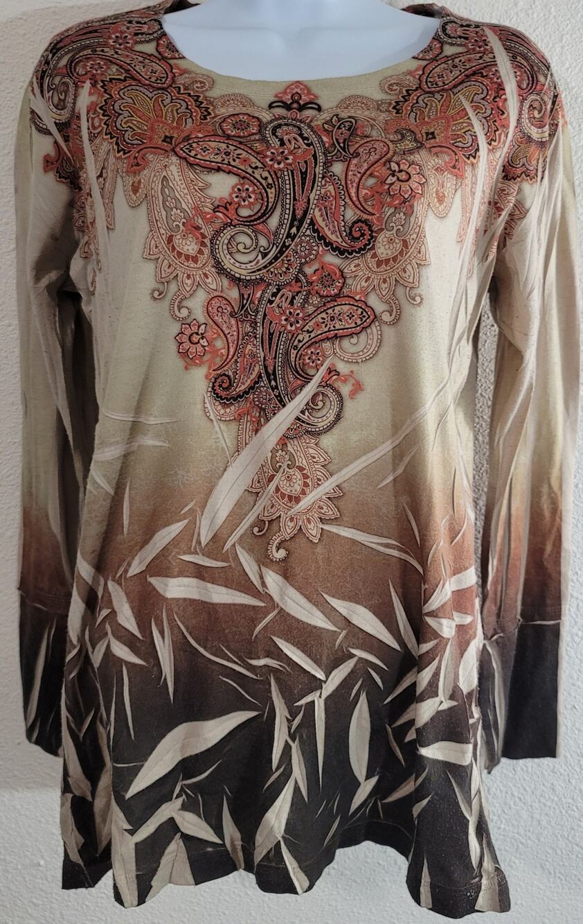 Decree Tan Orange Paisley Print Top Large Long Sleeves Round Neck Lightweight